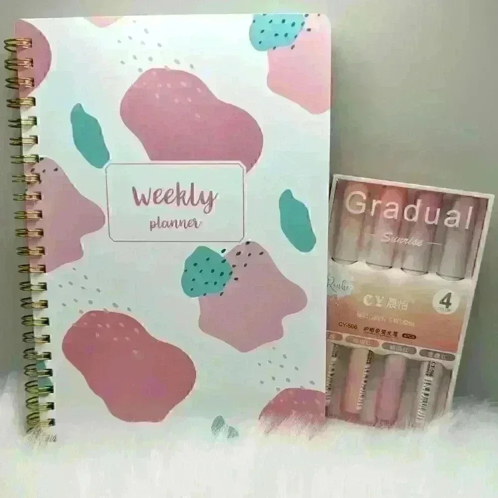Weekly Planner and Pink Series Highlighter Pen Set Bundle